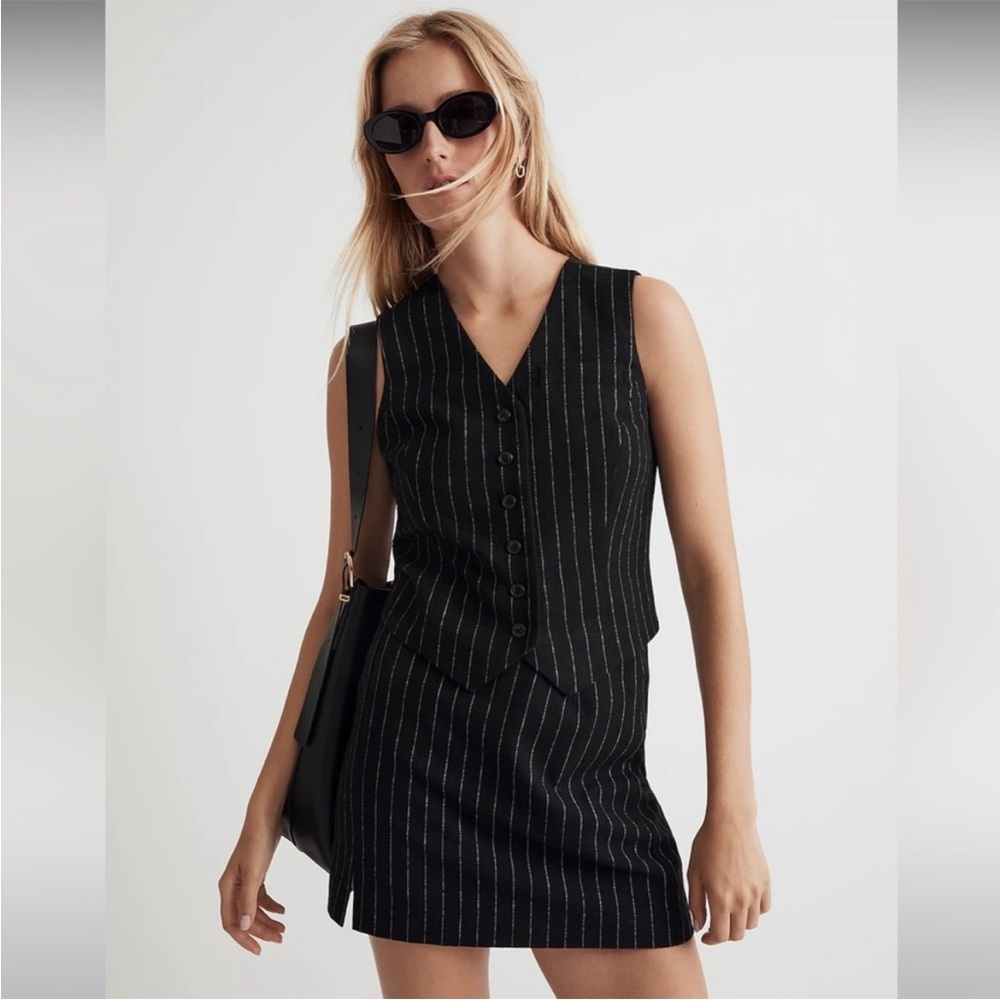 Madewell Black and White Pinstripe Mini Skirt and Vest Set